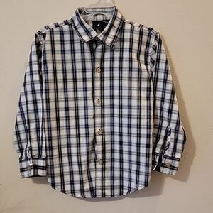NAUTICA NAVY BLUE AND TAN PLAID DRESS SHIRT, SIZE 5